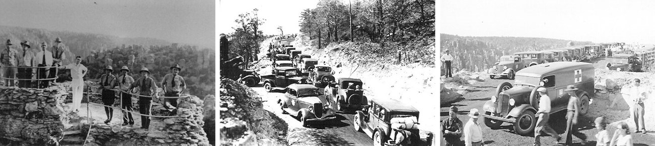 Three black and white images: men standing on a stone platform overlooking rock pinnacles; lots of cars clogging a narrow road; and lots of people and cars in a parking area with nice views.