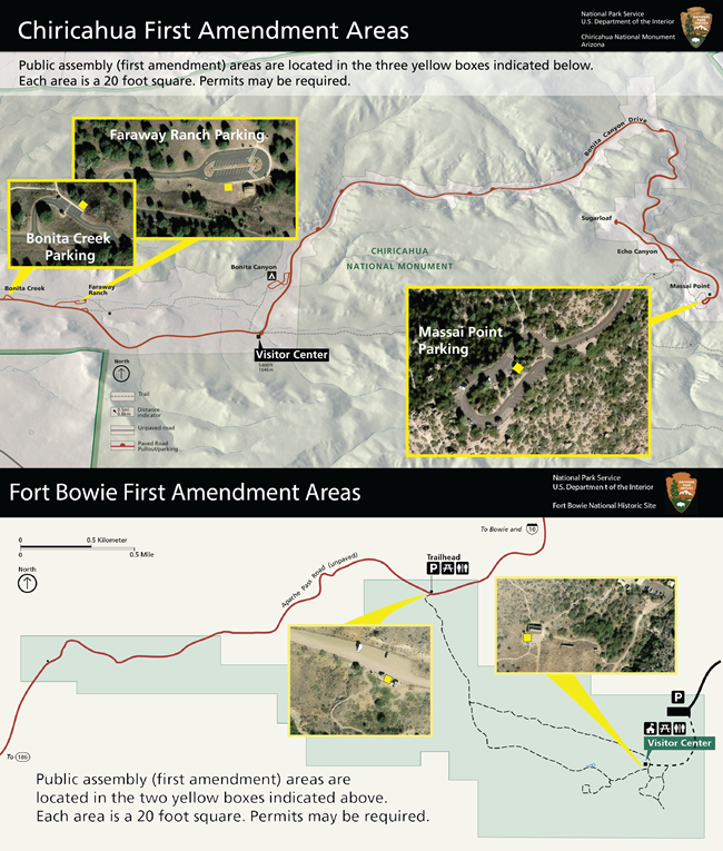 map showing 1st amendment areas at Massai point, Bonita creek, faraway ranch, and fort bowie