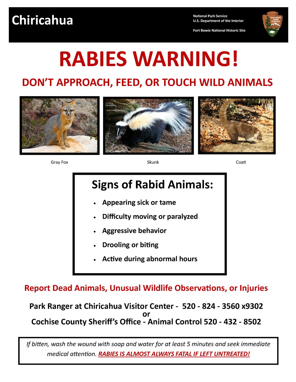 Rabies warning: do not touch, feed, or approach wild animals