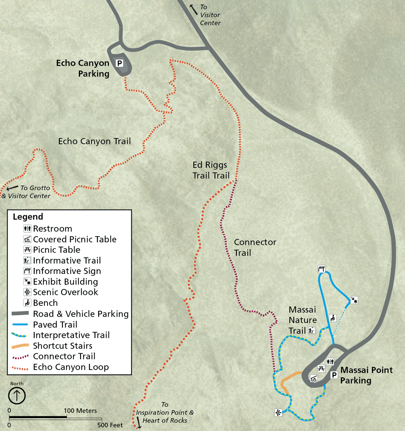 map shows trails around Massai Point parking to Echo Canyon parking
