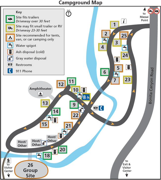 map shows sites for tents in green squares, trailer RV in yellow, and tent in orange