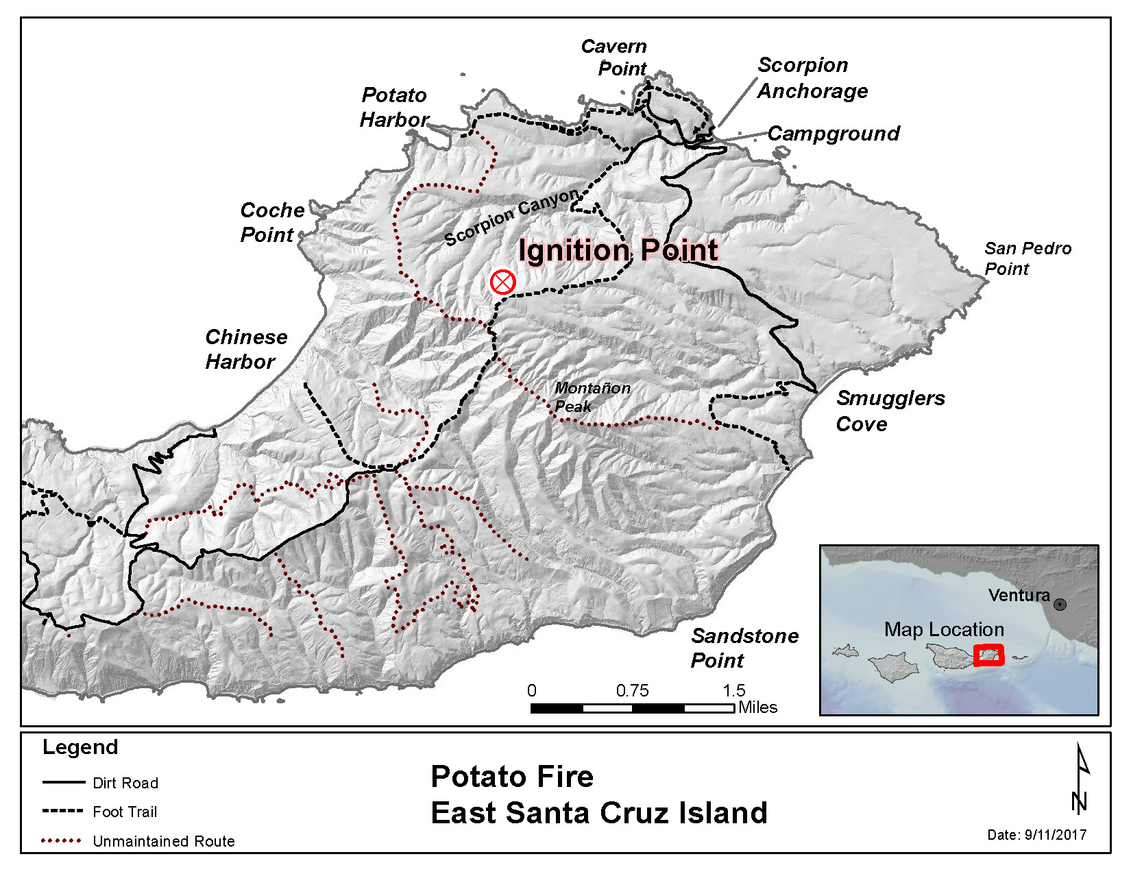 Map of eastern santa cruz island showing roads and trails and ignition point of fire.