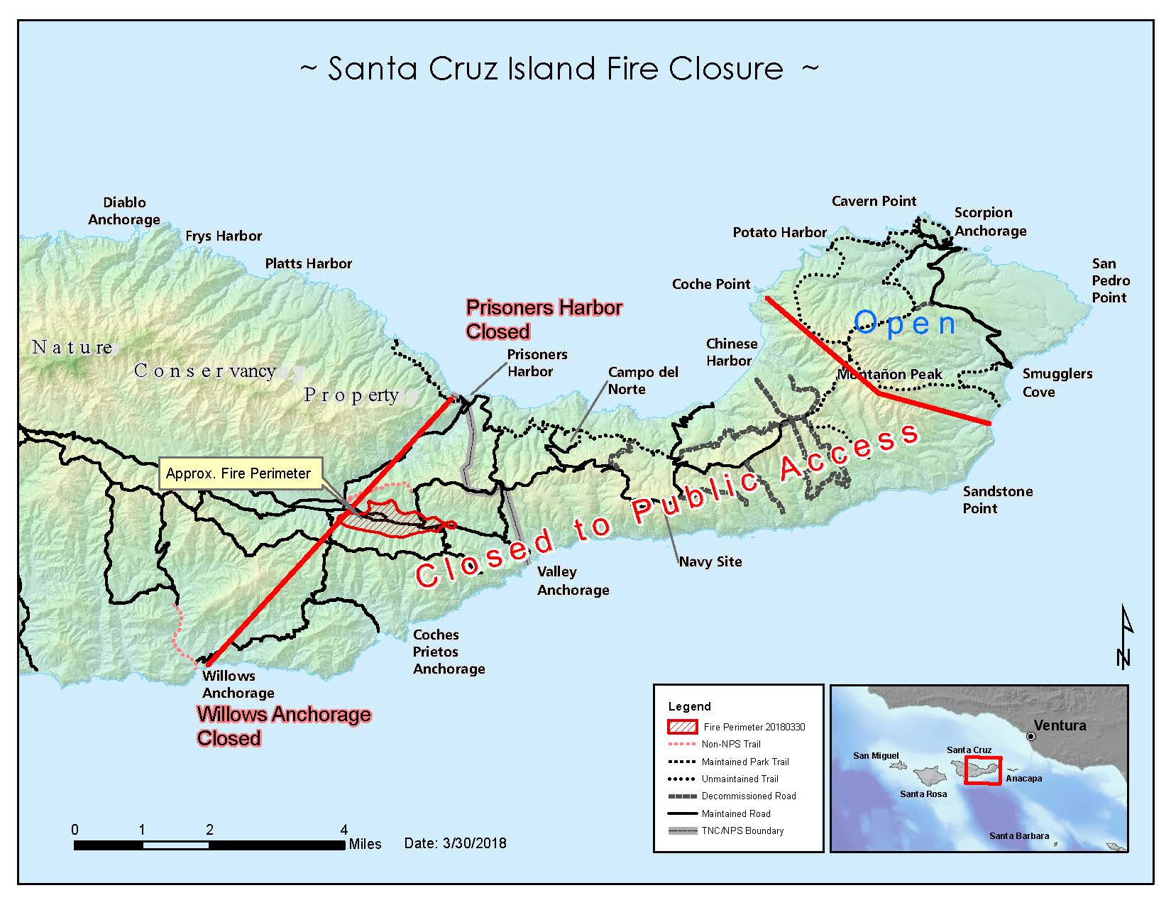 Map showing island with roads and trails and closed area to the public due to fire.