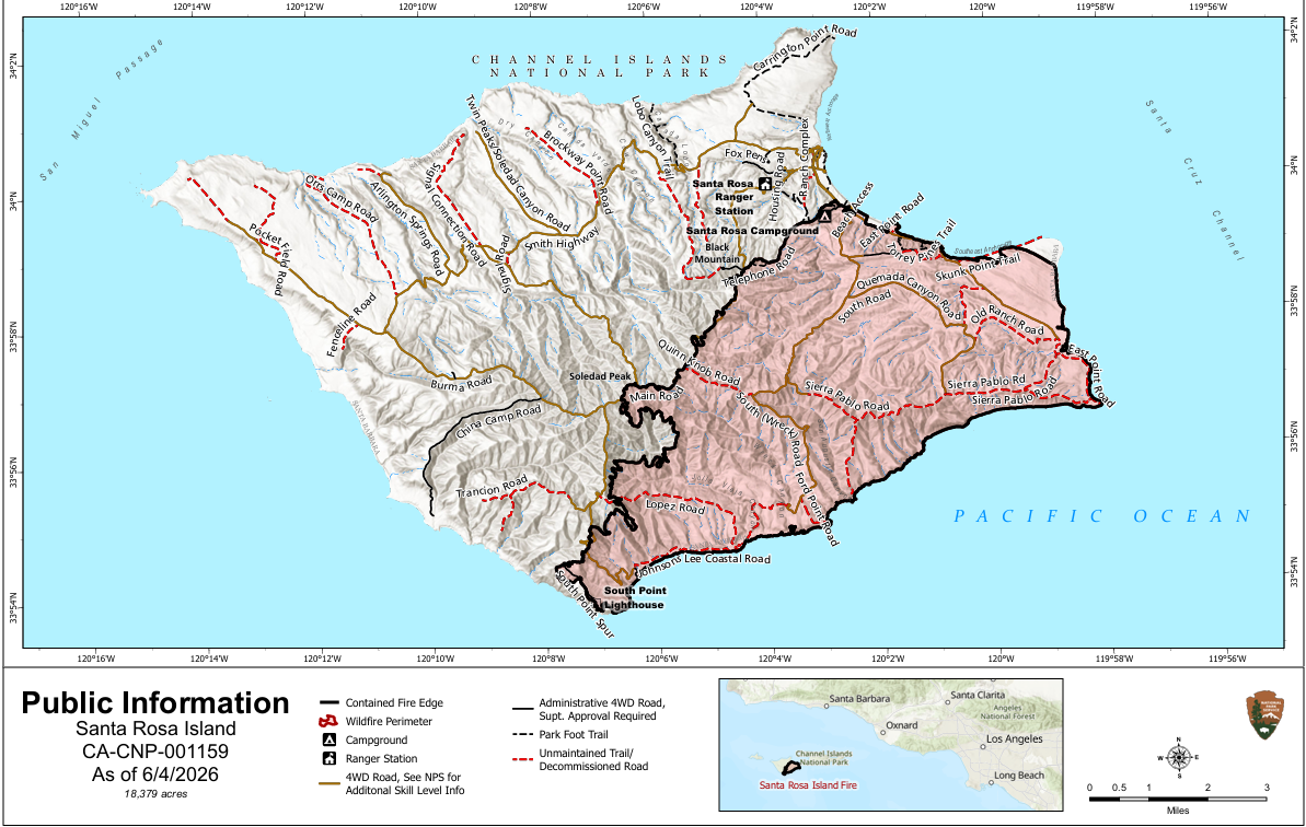 Map of a diamond-shaped island showing burned area in the southeast.