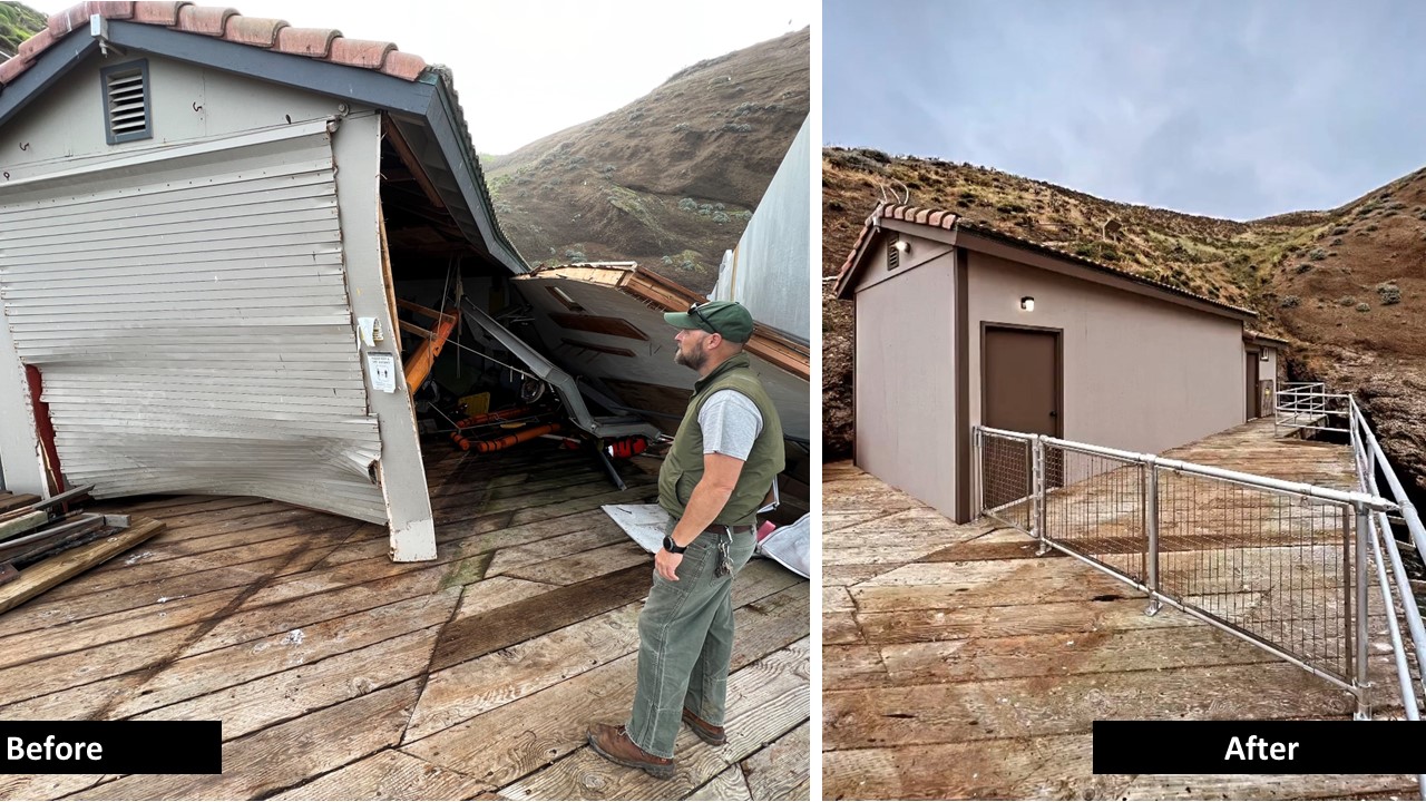 ranger standing next to building on dock