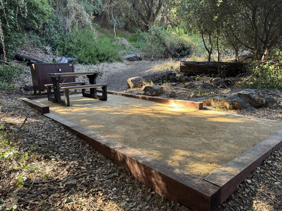 Campsite in oak woodland with tent pad, food storage box, and picnic table