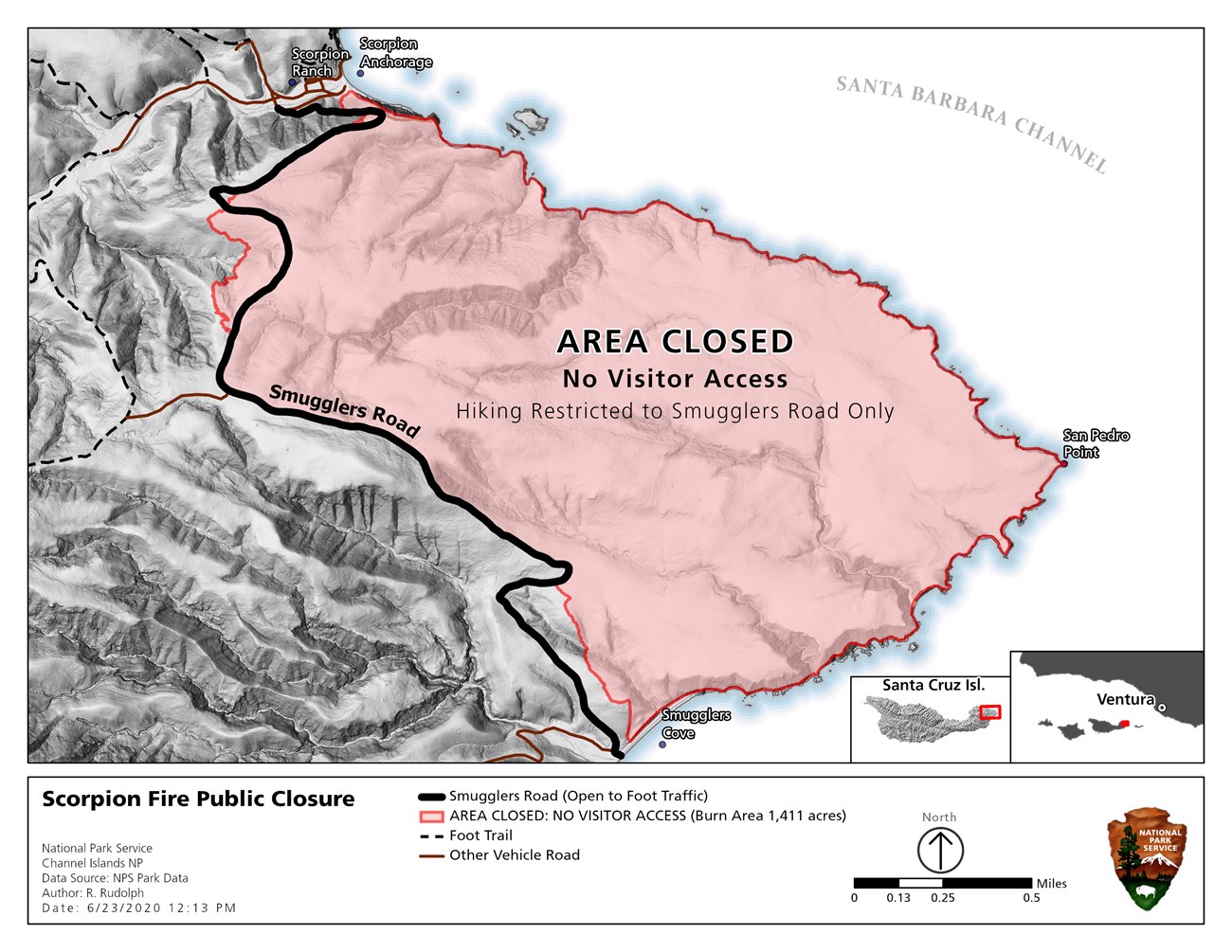 Scorpion Fire Public Closure map that shows fire burned area on island