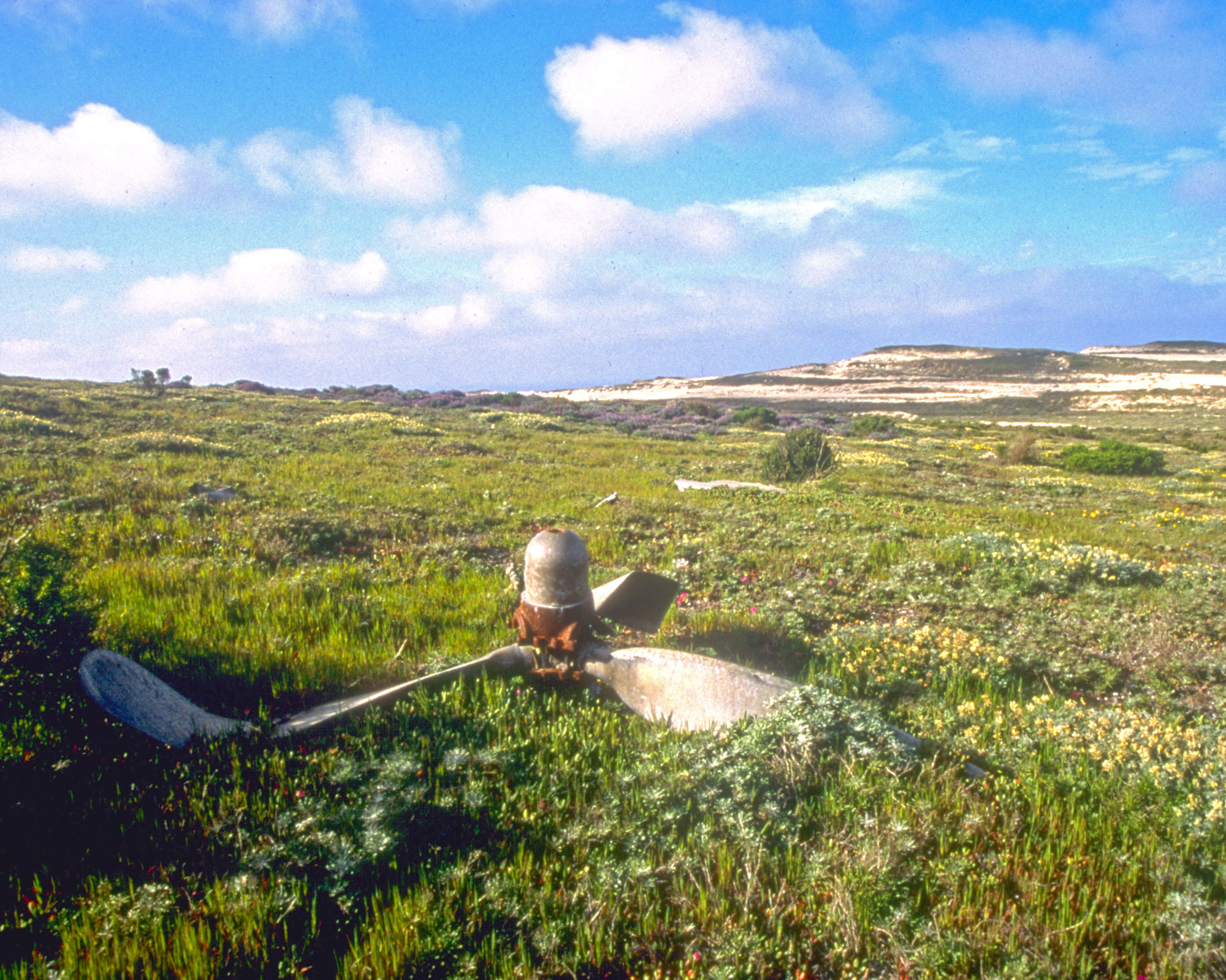 Plane wreckage including prop in field of green vegetation with low hill in background.