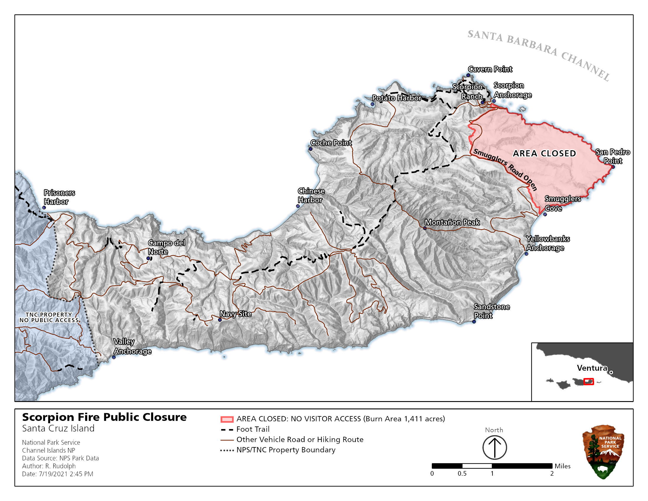 map of santa cruz island with roads and trails and fire burn area on right side of island