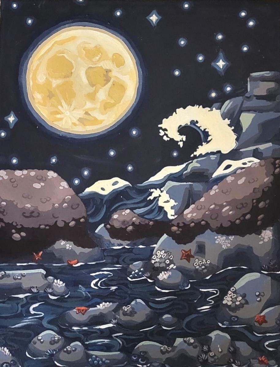 Sleeping Tides by Bren Barnes Grade12 a painting of a starry night with a full moon, a wave arches in the background and sea stars and shellfish rest in a calm tidepool