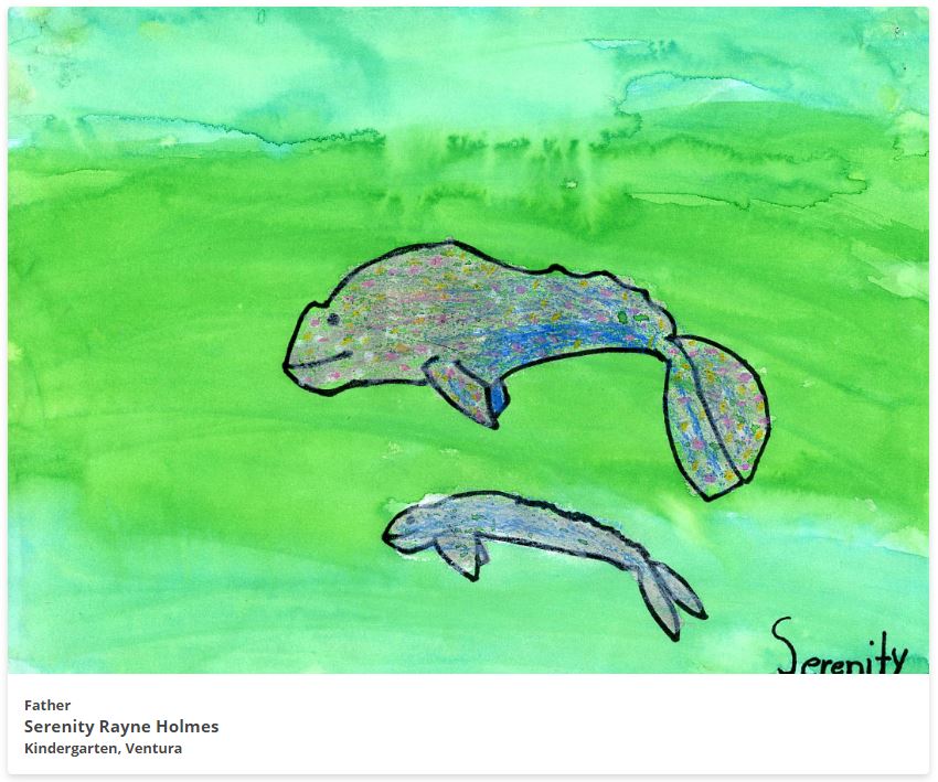 Painting of two whales in a green ocean.