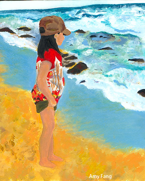 A painting by seventh grader Amy Fang of a young girl on a sandy beach.
