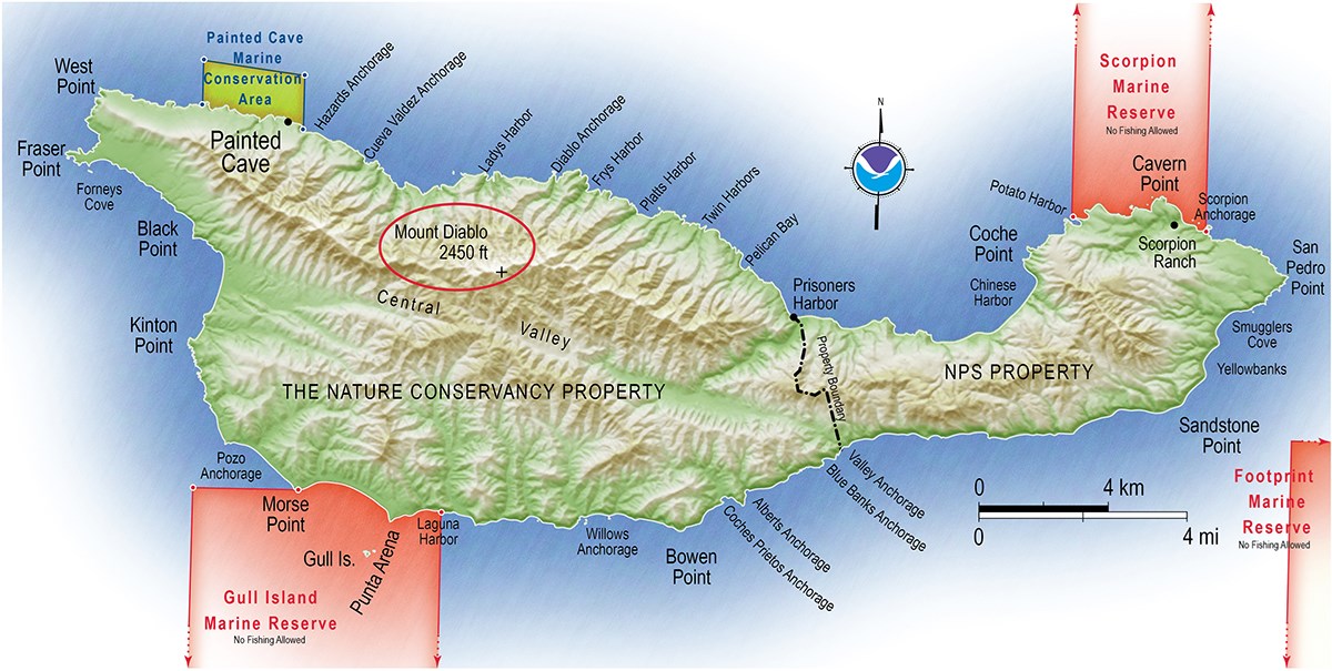 map of santa cruz island with a red circle around mount diablo