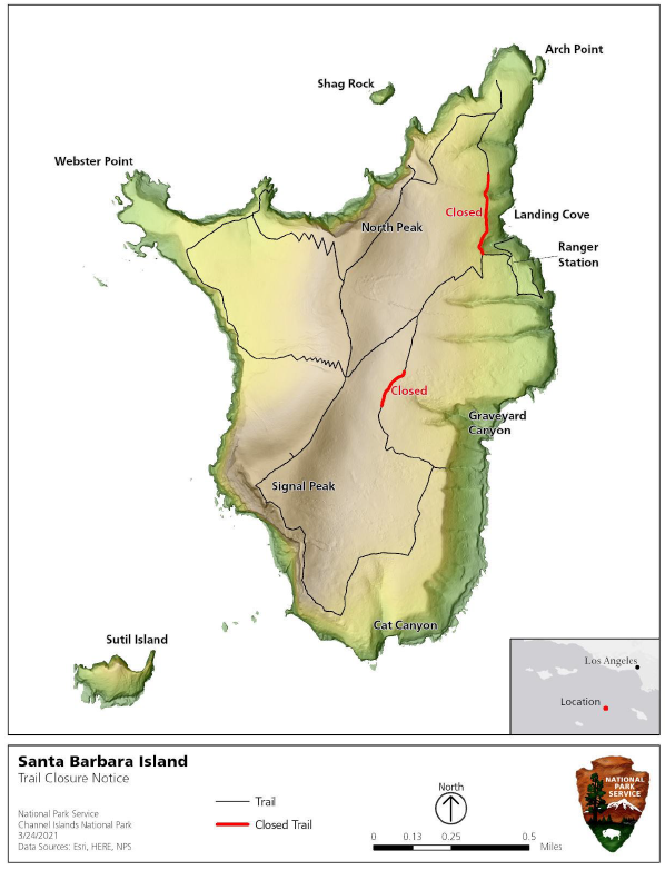 map of island showing two trail closures highlighted in red.