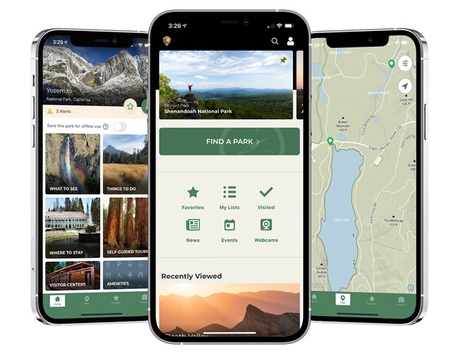 3 phones showing simulated screenshots of maps and icons