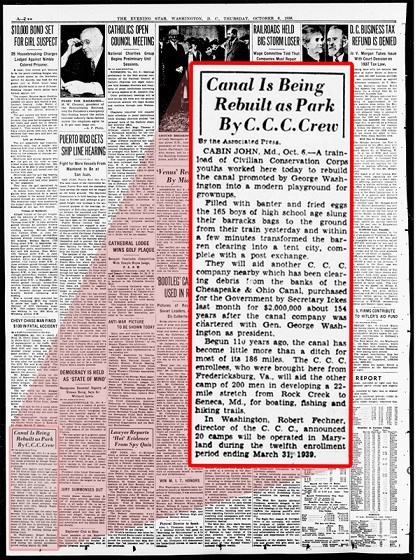 Black & White image from the Evening Star Newspaper with a section enlarged outlined in red to show the article about the CCC crew rebuilding the Canal as a Park.