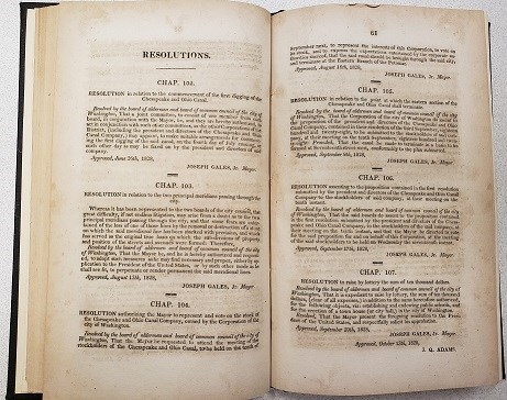 Coffee light brown colored book Volume of Laws of the Corporation of the City of Washington, passed by the Twenty-Sixth Council, p. 60-61 (1829).