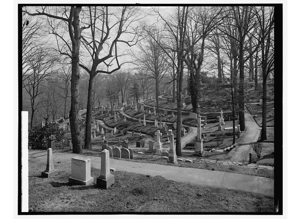 Historical black and white image of gravesites at Oak Hill Cemetery.