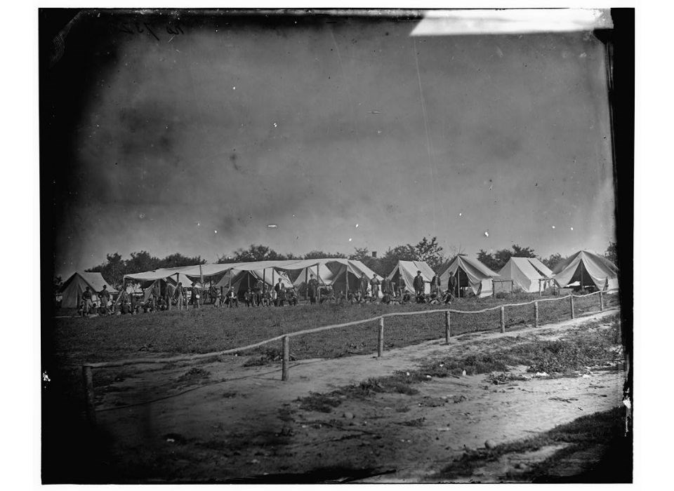 Historical black and white image of Signal Corps camp near Georgetown, Washington, DC.