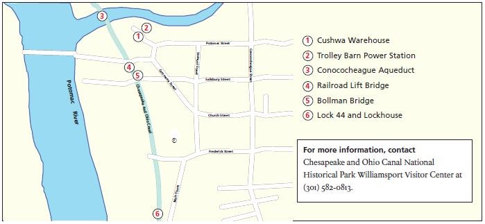 A map of the main locations in the C&O Canal Williamsport Area