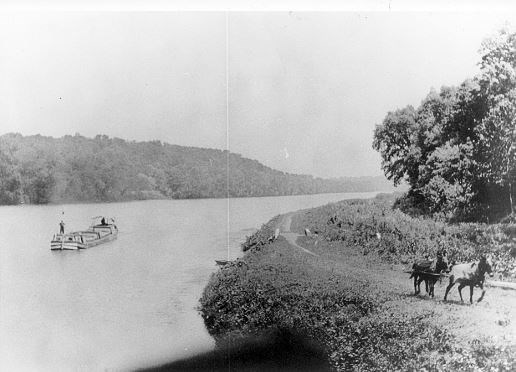 Canal boat on the Potomac being pulled by two mules.