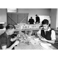 Civilian Conservation Corps (CCC) workers making cacti for Zion diorama, Western Museum Laboratory (WML) on Fulton Street, Berkeley, California.