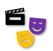 Yellow and purple theatre faces and a black & white film clapper.