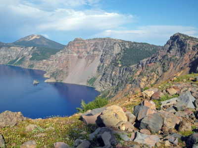 A view of the Phantom Ship, with Mount Scott in the distance. Taken near the summit of Garfield Peak.