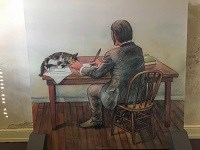 Painting of Edgar Allan Poe writing at a desk.