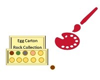 Illustration of an egg carton with rocks inside, a paint palette and paintbrush.