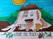 Line art drawing of the Big Stump, petrified redwood, with a ranger hat, badge, and name tag and the words, Leave No Trace.