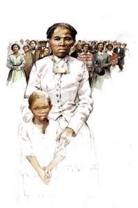 Scene of Harriet Tubman with a small child and people in the background representing former slaves she helped free.