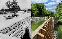 Old black & white photo of the Conococheague Aqueduct compared to a new in color photo.