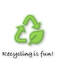 A green recycling triangle arrow with a leaf and the words "Recycling is Fun!"