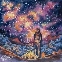 Watercolor illustration of figure next to campfire gazing up at starry purplish sky.