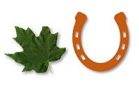A green Sugar Maple leaf and a brown mule shoe.