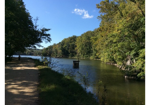 Canal widens from narrow hand dug bed to ancient Potomac River channel