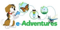 Dog holding a cell phone, with a Butterfly, a young girl, flowers and a dragonfly all in their own circles and the words e-Adventures written below the circle images.