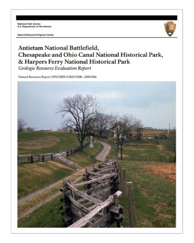 Geological resources report cover page for Antietam National Battlefield Park, C&O Canal National Historical Park, and Harper's Ferry National Historical Park.