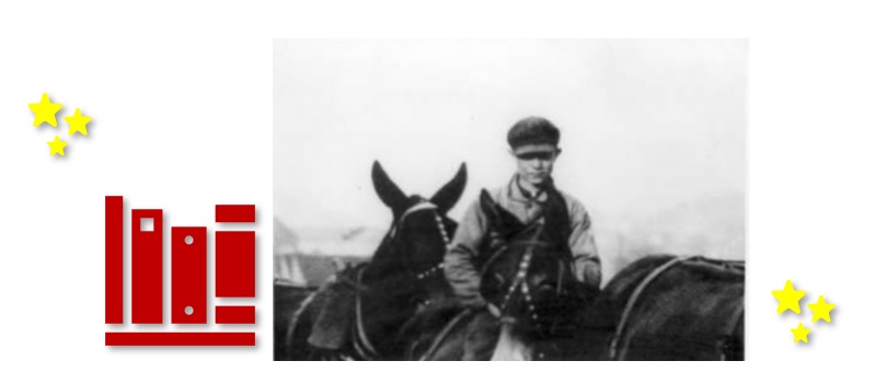Historical photo of child riding mule along the C&O Canal during early operation with yellow stars on either side and red books on a shelf to the left of image.