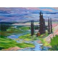 Painting of a stream and spruce trees.