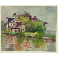 Landscape drawing shows buildings by the Chesapeake and Ohio (C&O) Canal in Georgetown, Washington, DC.