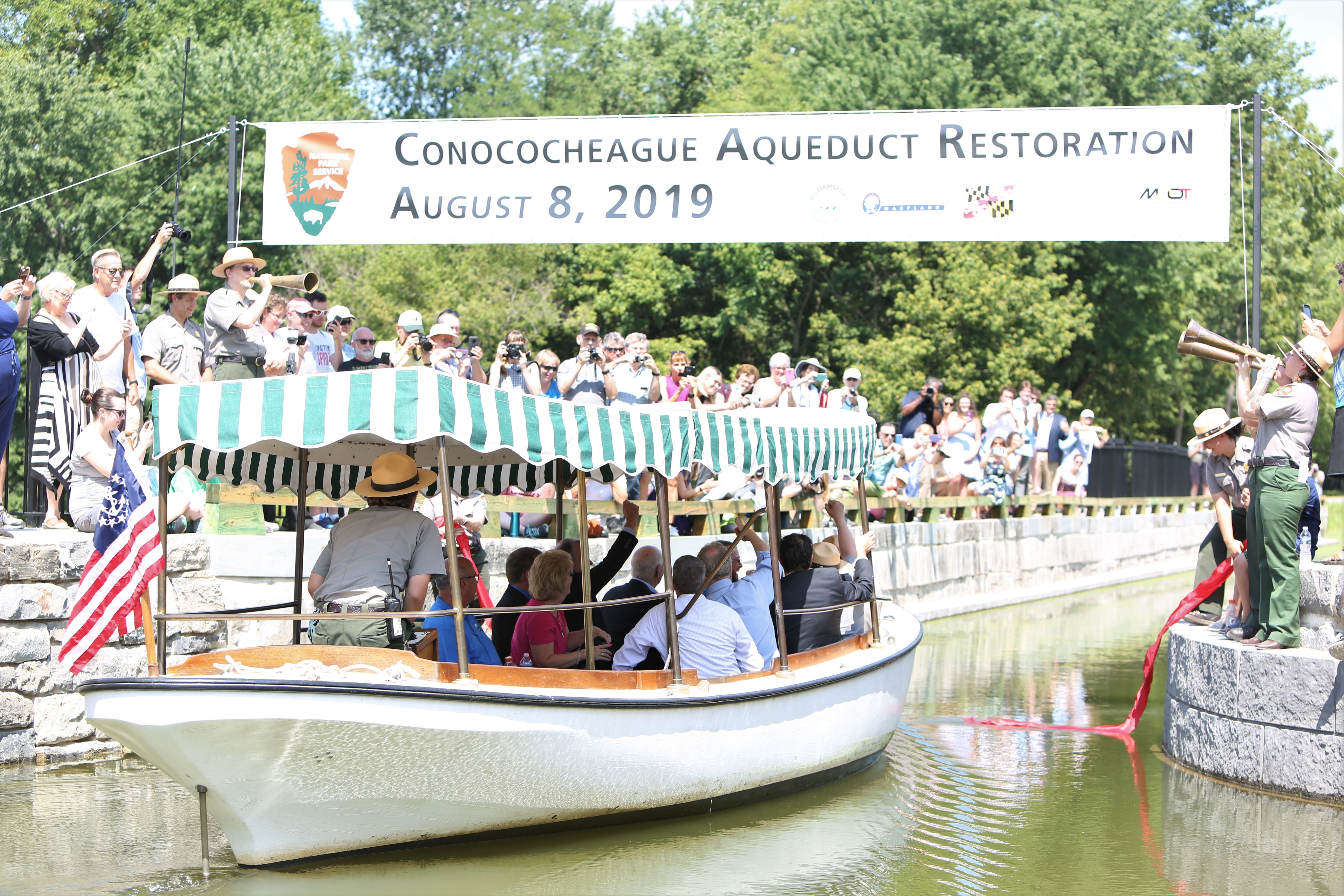 Inaugural Boat Ride across Conococheague Aqueduct during Ribbon Cutting Ceremony August 8, 2019 Canal boat enters aqueduct