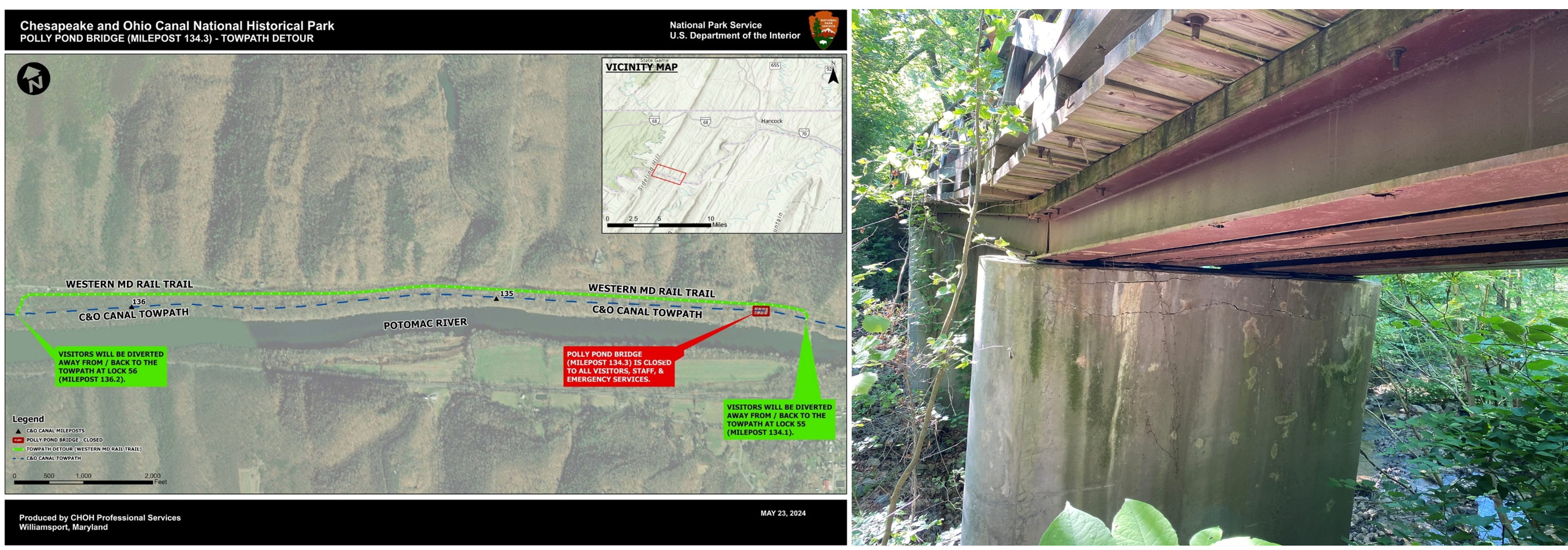 Polly Pond Bridge Detour and bridge damage An aerial view map depicting the detour around the bridge closure and damages on the concrete pier supporting the bridge.