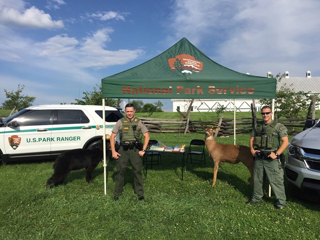 Law Enforcement Rangers in full uniform standing under a NPS canopy.