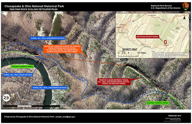 A map showing the towpath detours around the Paw Paw Tunnel and boardwalk closure. A map showing the towpath detours around the Paw Paw Tunnel and boardwalk closure.