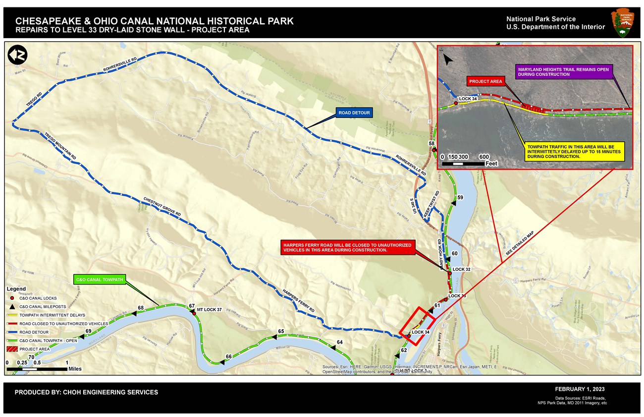 An aerial map showing the project's detour routes via several different colored lines.