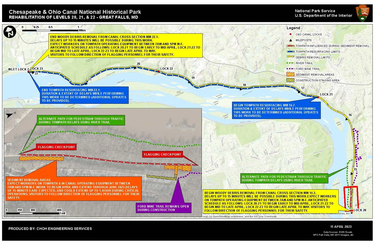 Rehabilitation of Levels 20, 21, & 22 Project Area Map An aerial map with colorful text boxes showing project impacts