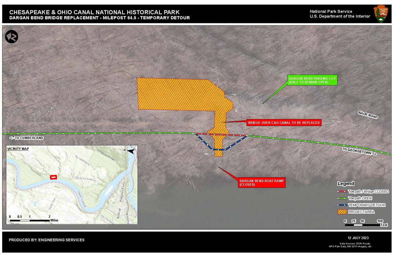 An aerial view of a detour around the vehicle bridge closure