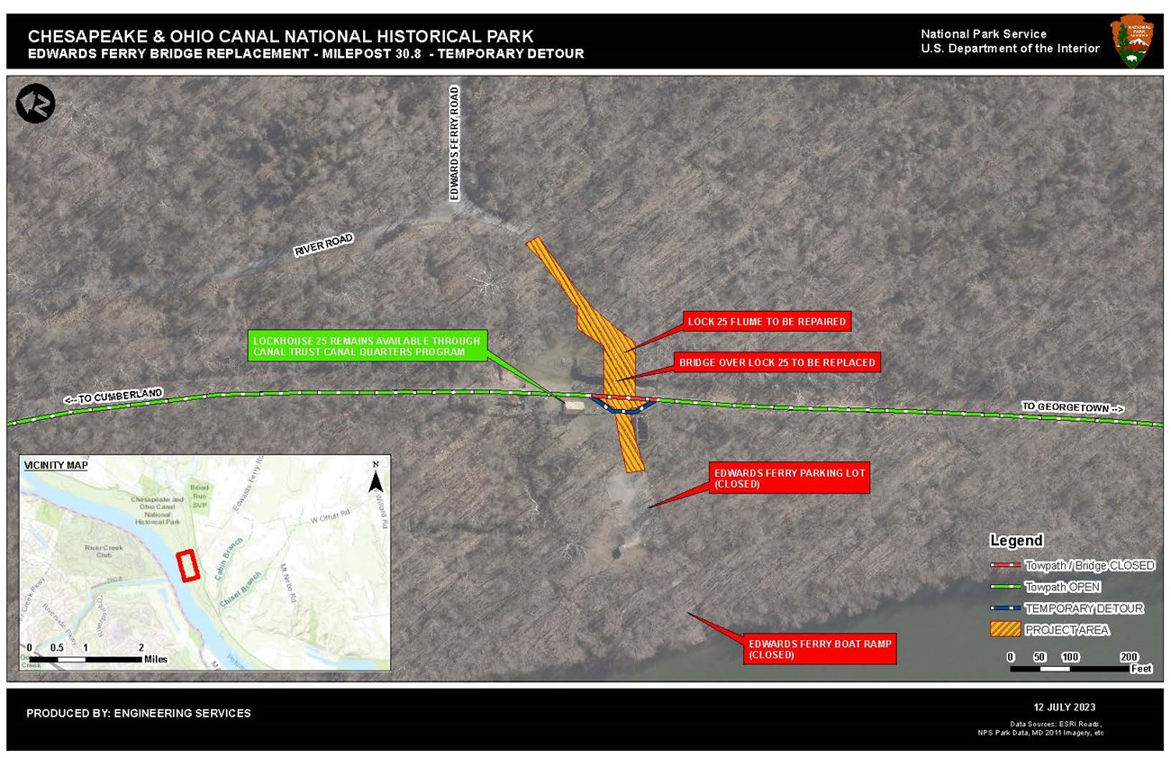 An aerial map of the detour at the Edward's Ferry bridge